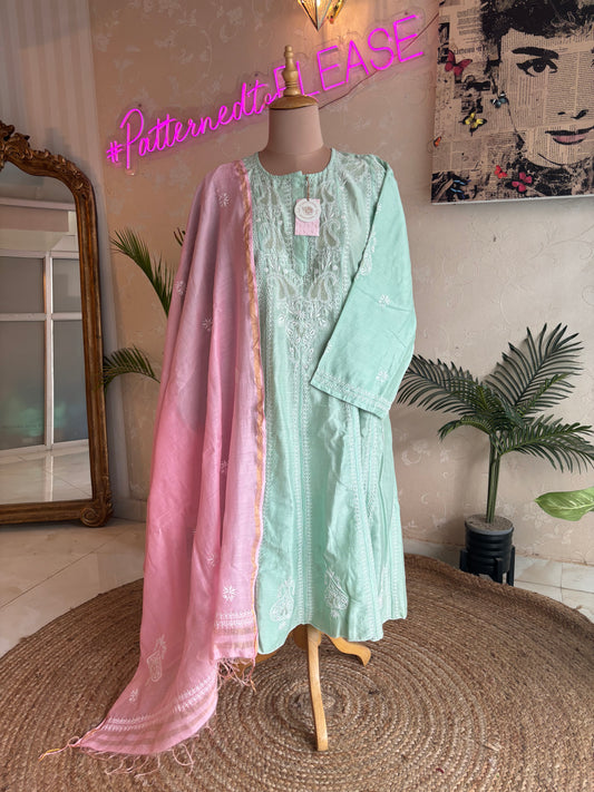 Seafoam Green and Pink Chanderi Mul Chikankari Anarkali and Dupatta