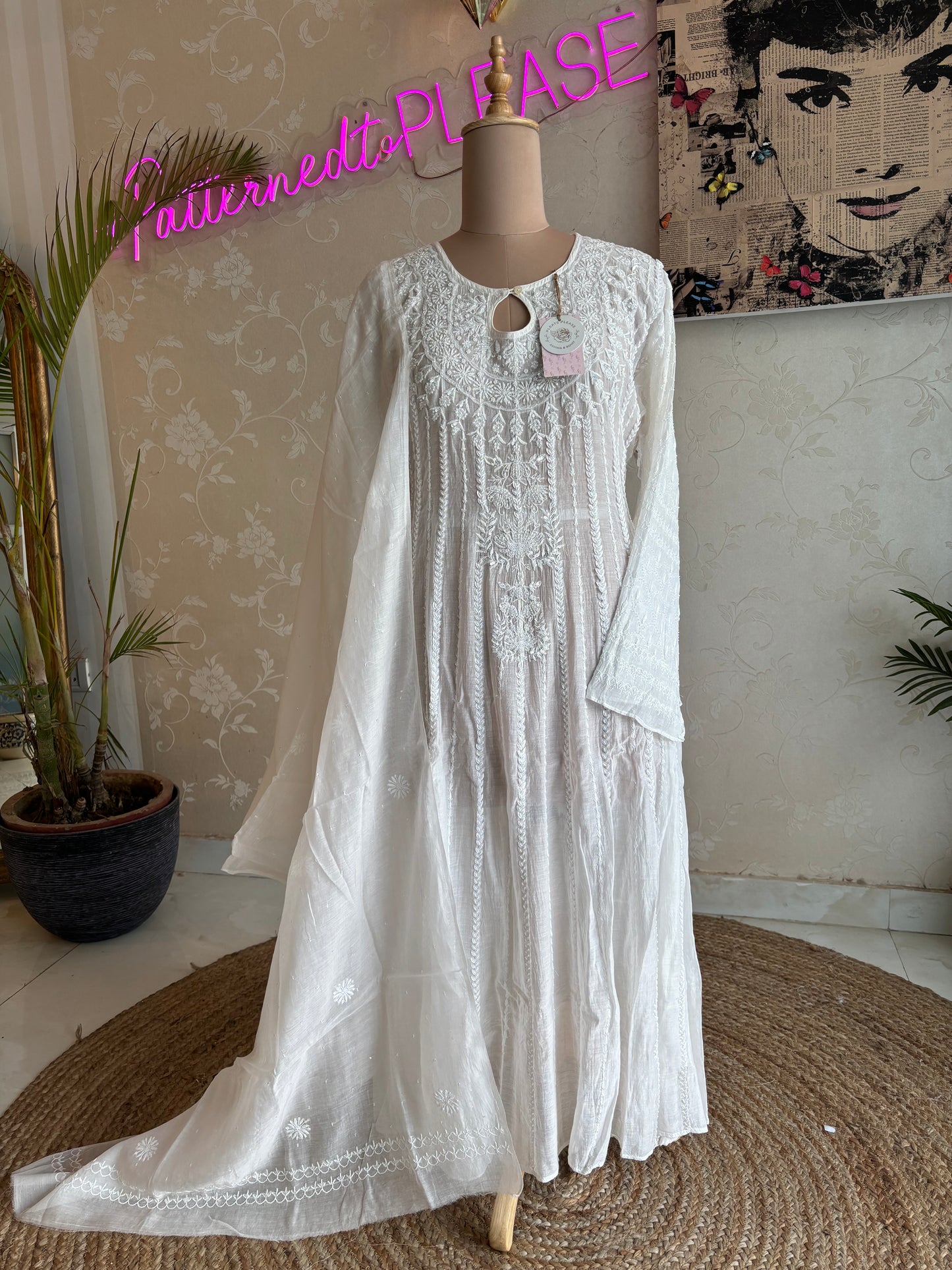 Dyeable Chanderi Mul Chikankari Anarkali Kurta and Dupatta