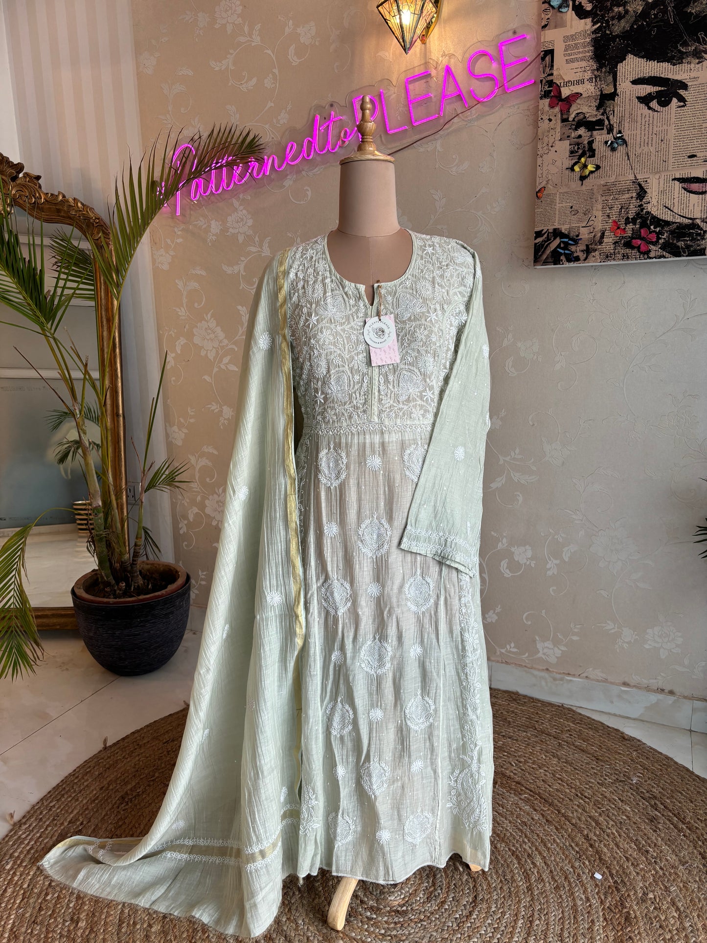 Fern Green Chanderi Mul Chikankari Anarkali Kurta and Dupatta