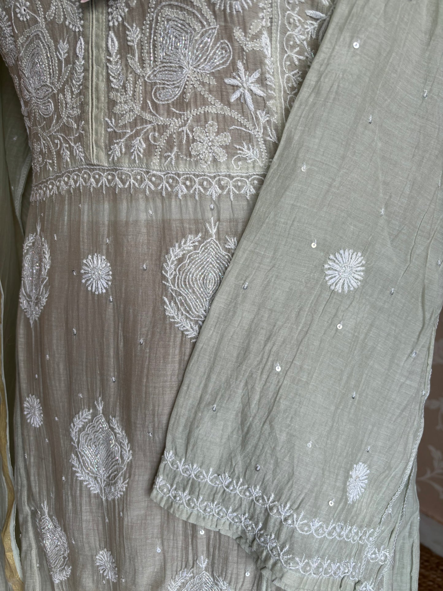 Fern Green Chanderi Mul Chikankari Anarkali Kurta and Dupatta