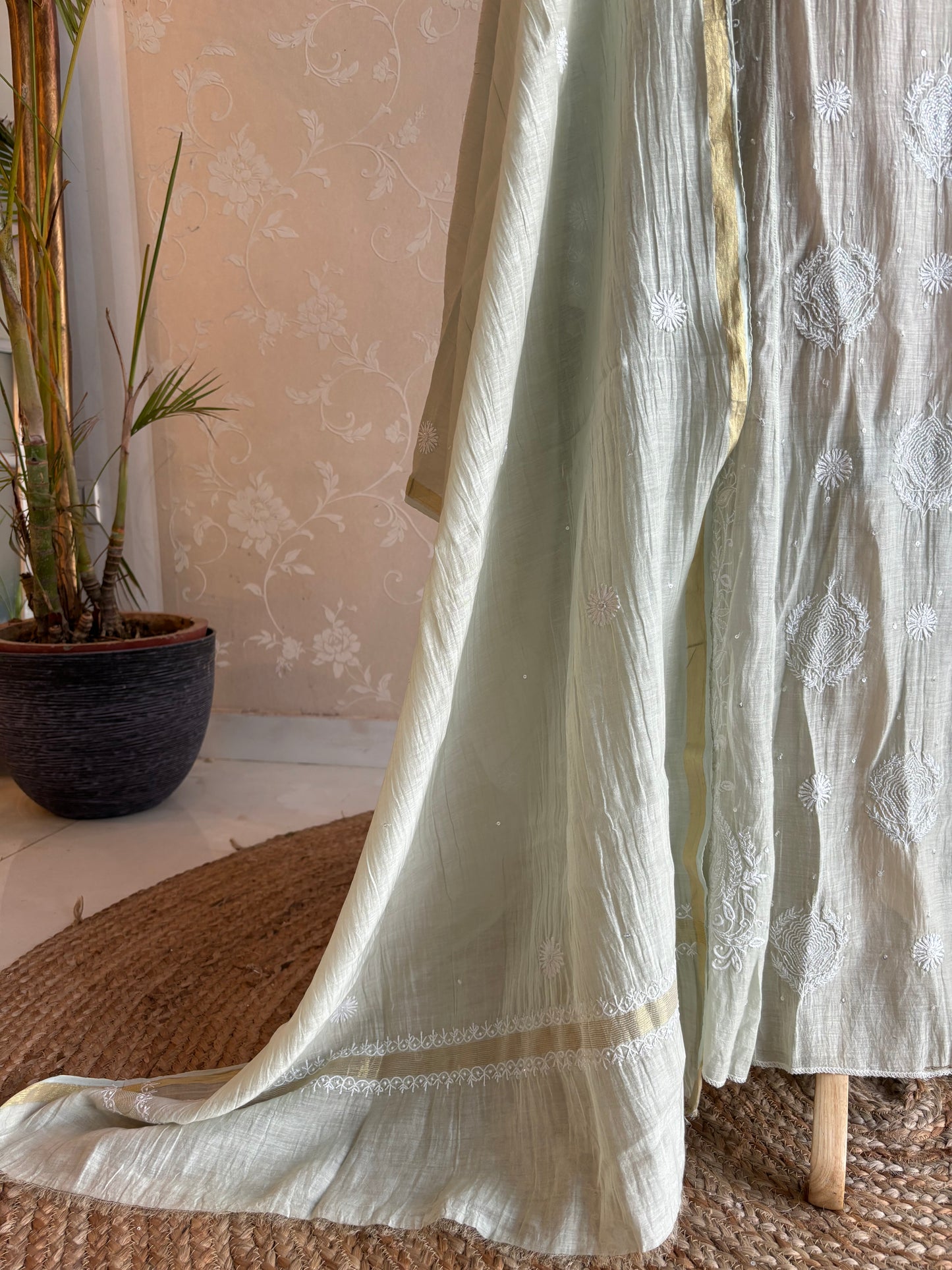 Fern Green Chanderi Mul Chikankari Anarkali Kurta and Dupatta