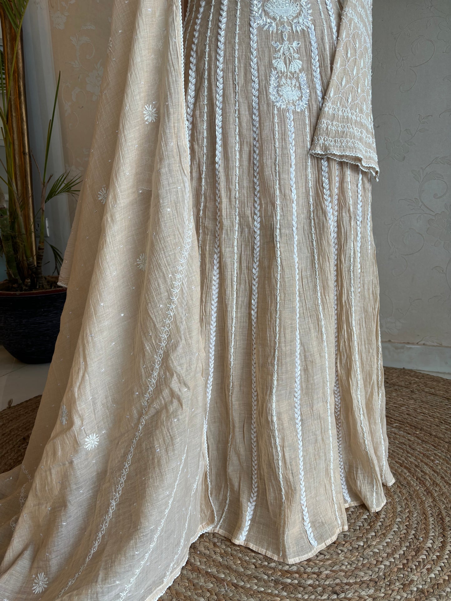 Dyeable Pure Tissue Chikankari Anarkali Kurta and Dupatta