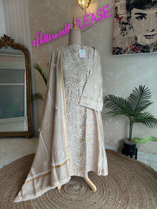 Latte Chanderi Silk Chikankari Anarkali and Dupatta