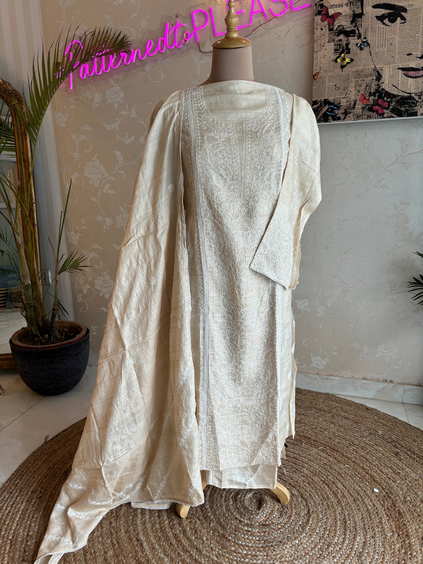 Dyeable Natural Silk Chikankari Kurta and Dupatta