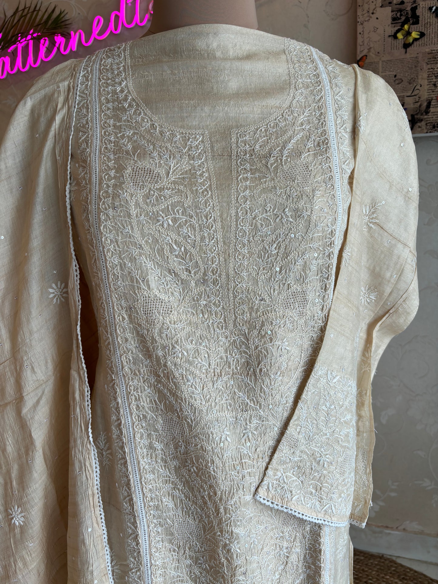 Dyeable Natural Silk Chikankari Kurta and Dupatta