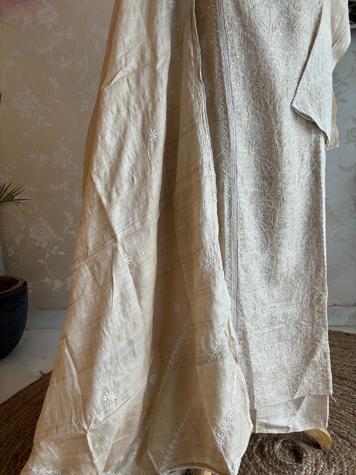 Dyeable Natural Silk Chikankari Kurta and Dupatta