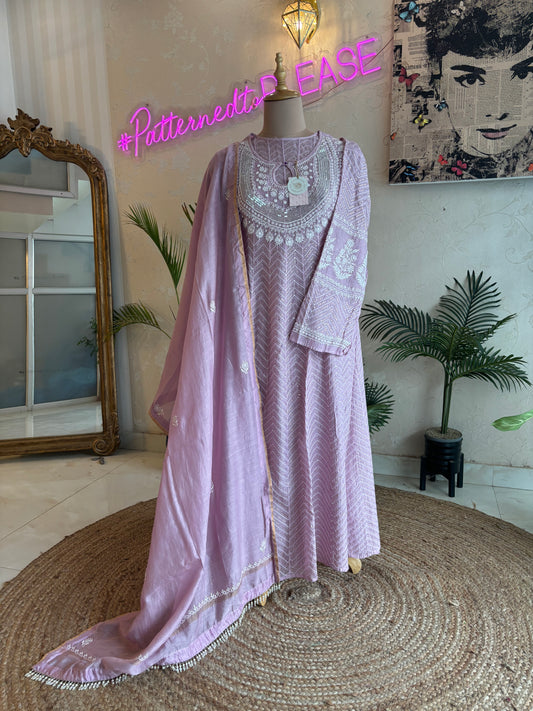 Lilac Chanderi Mul Chikankari Anarkali and Dupatta