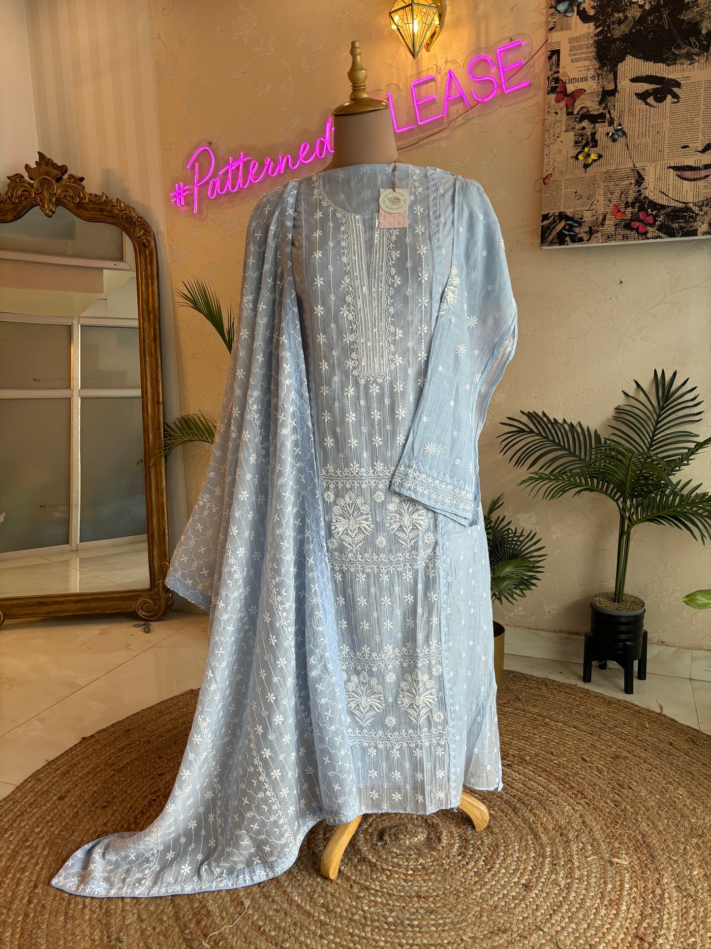 Blue Chanderi Mul Chikankari Kurta and Dupatta