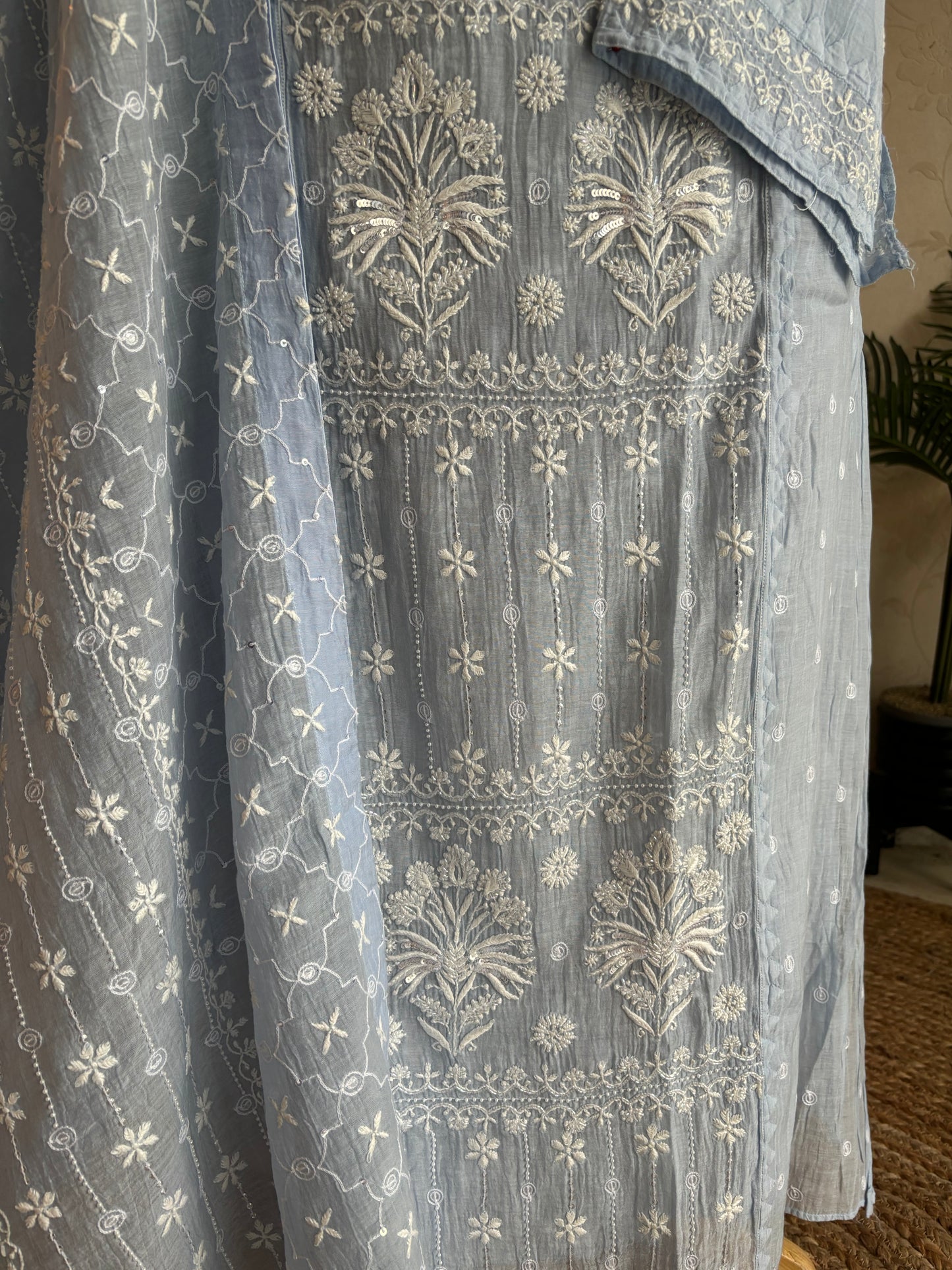 Blue Chanderi Mul Chikankari Kurta and Dupatta