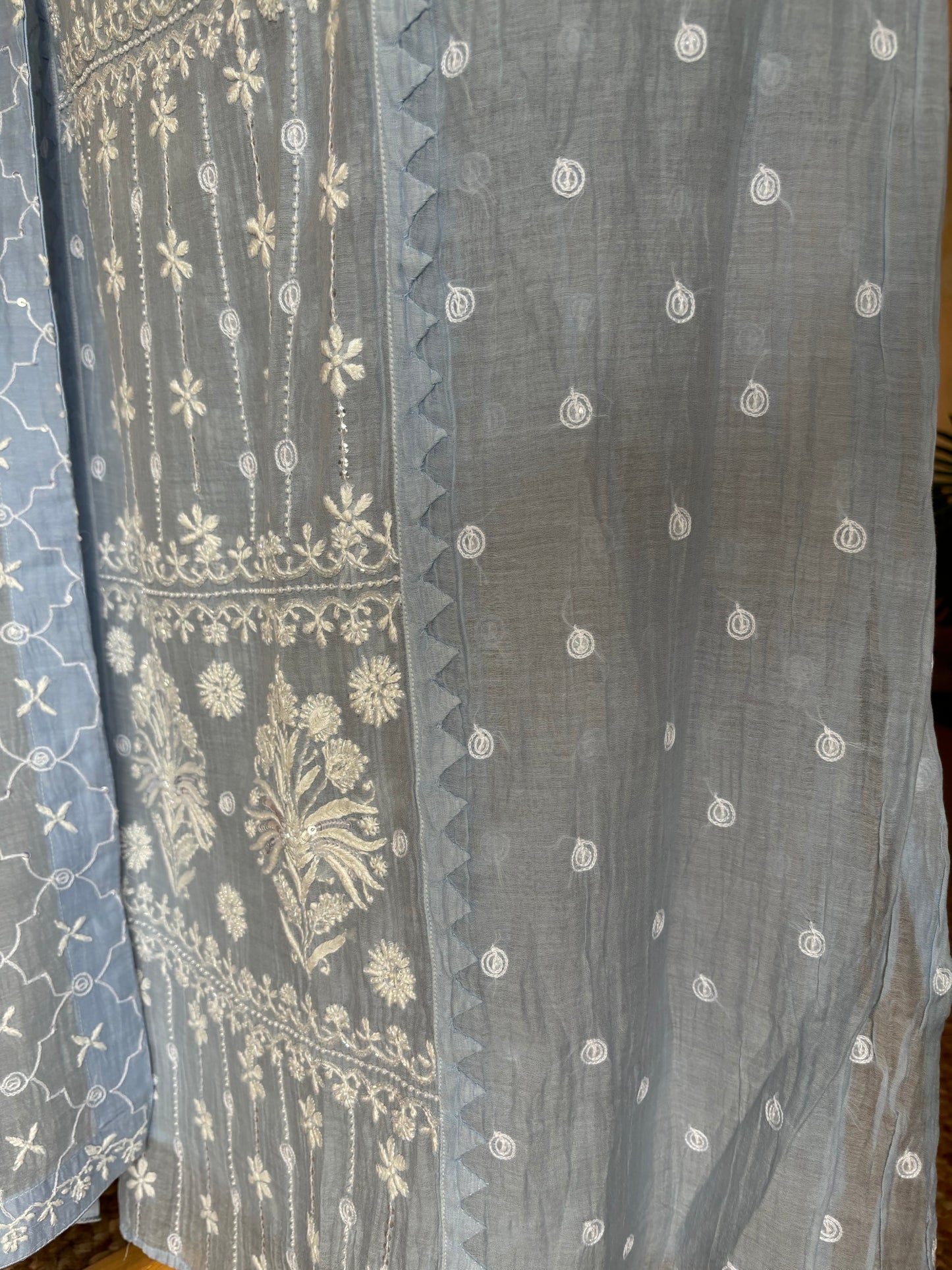 Blue Chanderi Mul Chikankari Kurta and Dupatta