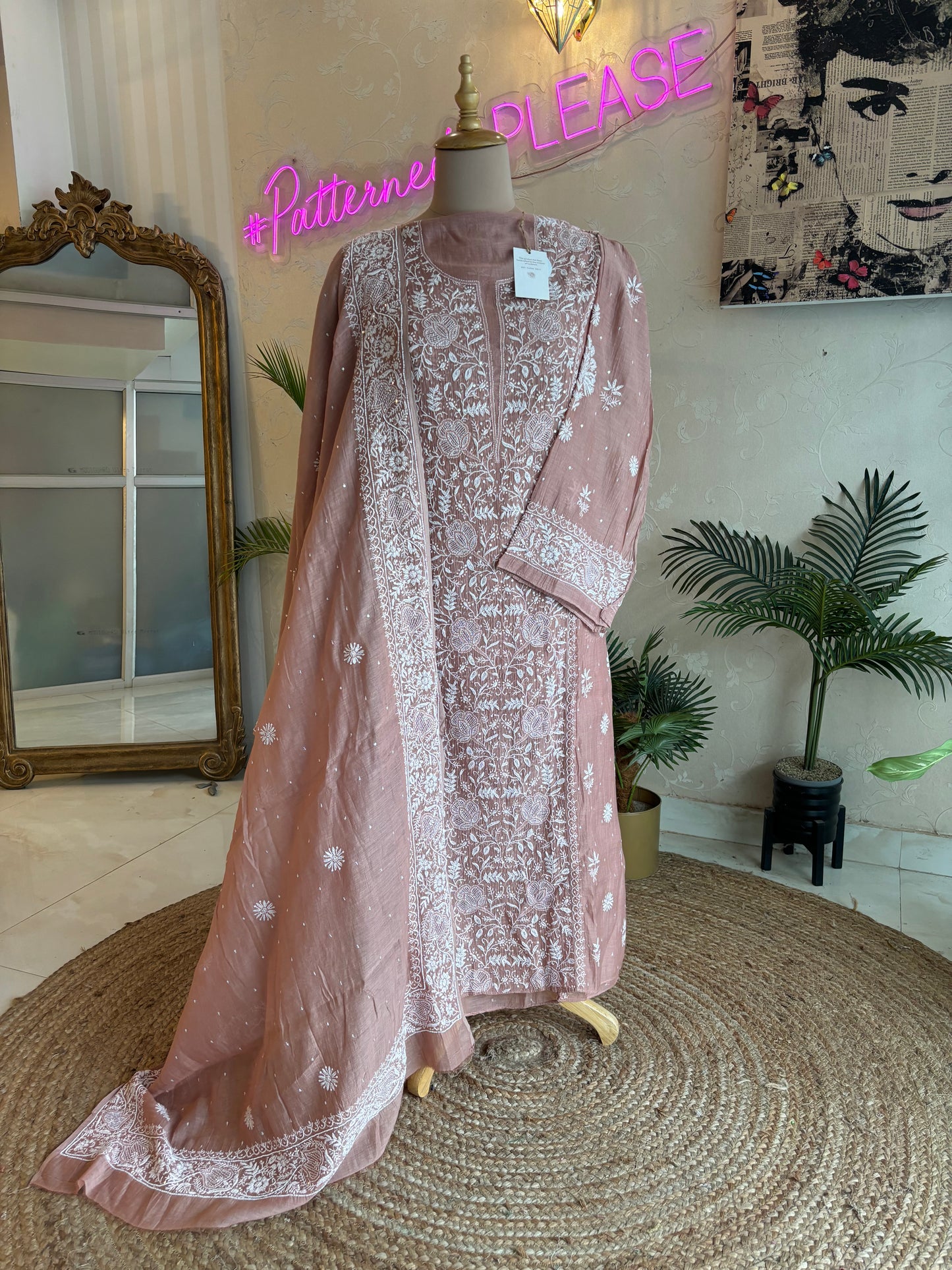 Brick Chanderi Mul Chikankari Kurta and Dupatta