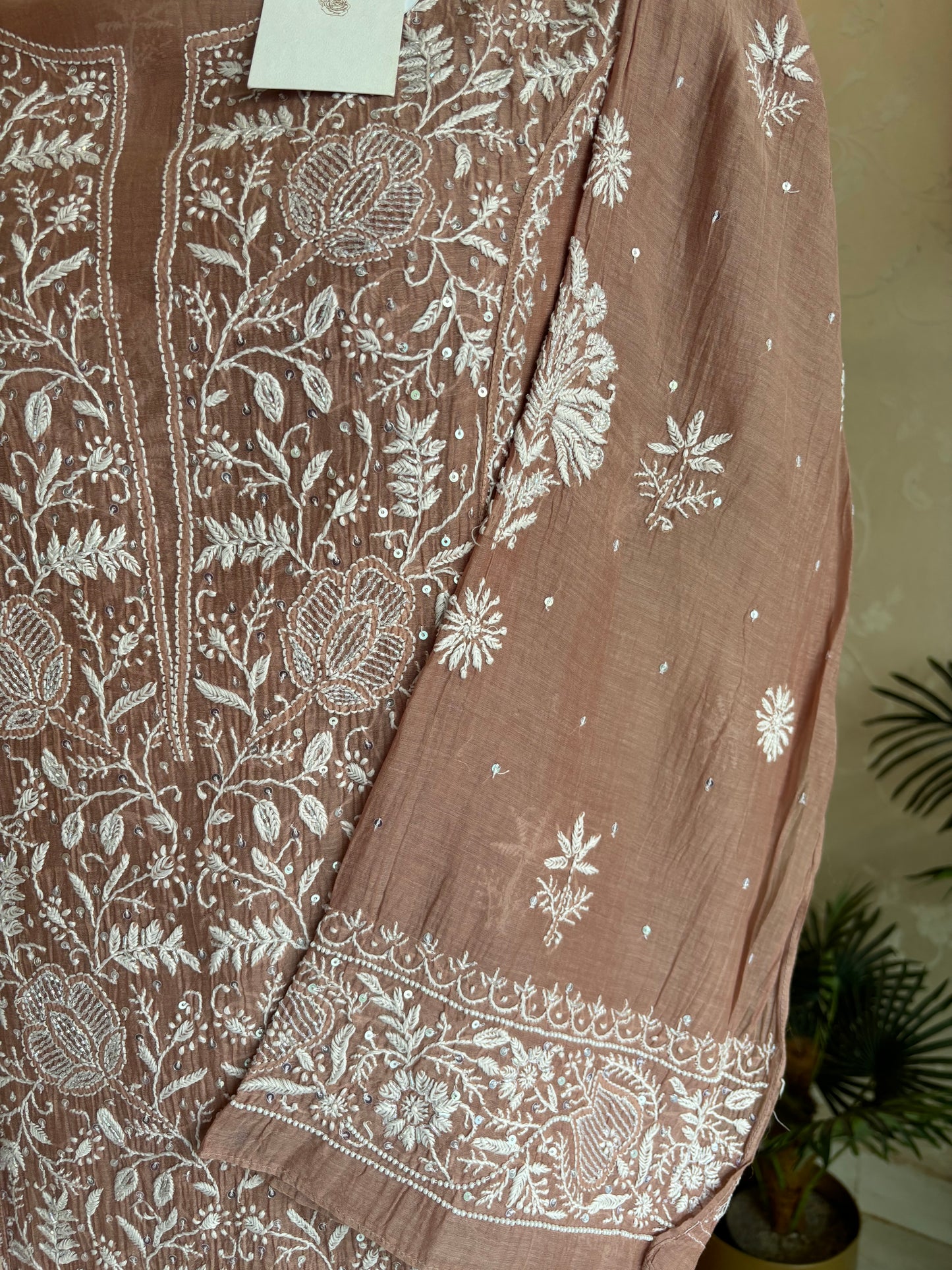 Brick Chanderi Mul Chikankari Kurta and Dupatta