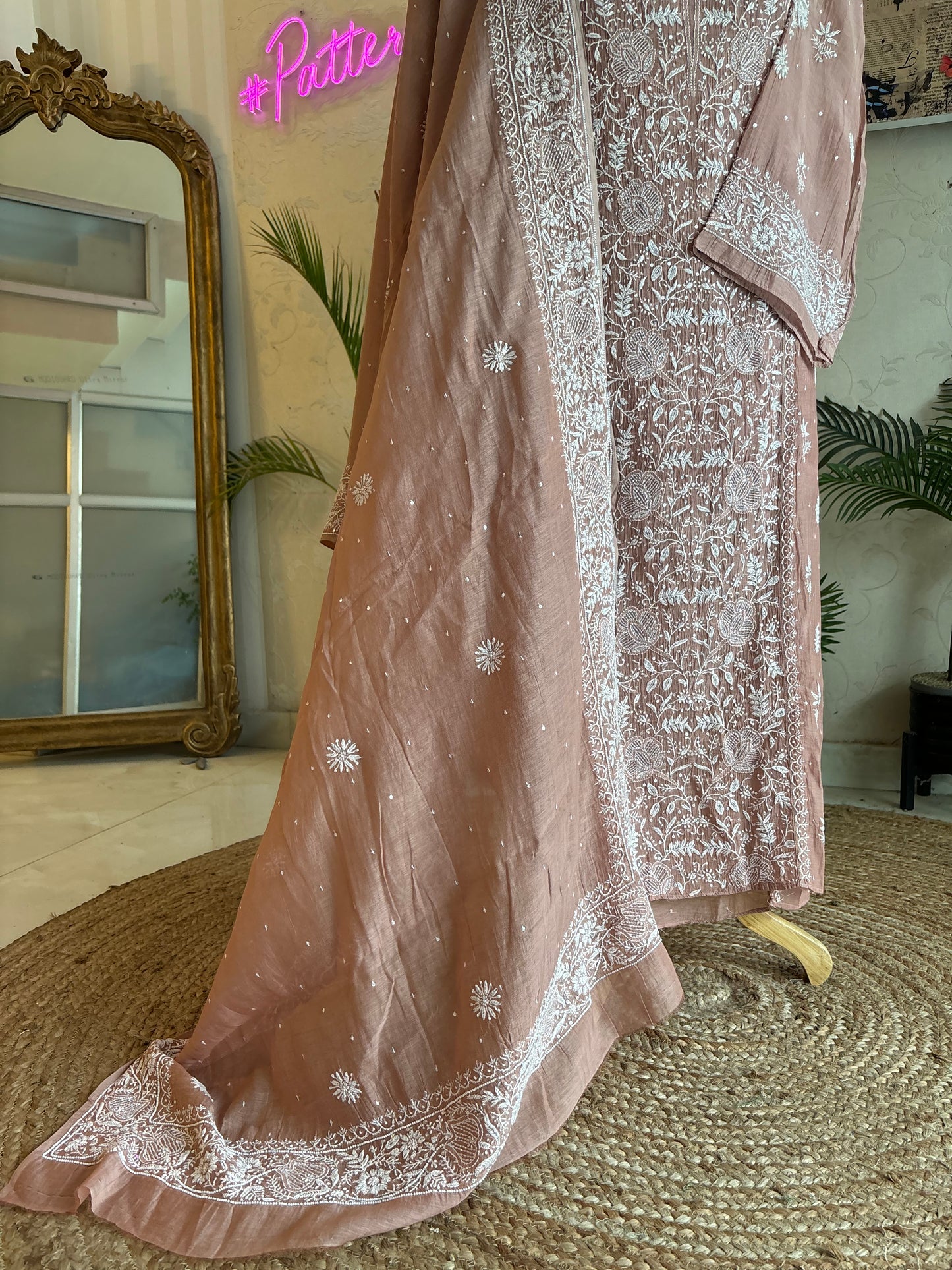 Brick Chanderi Mul Chikankari Kurta and Dupatta