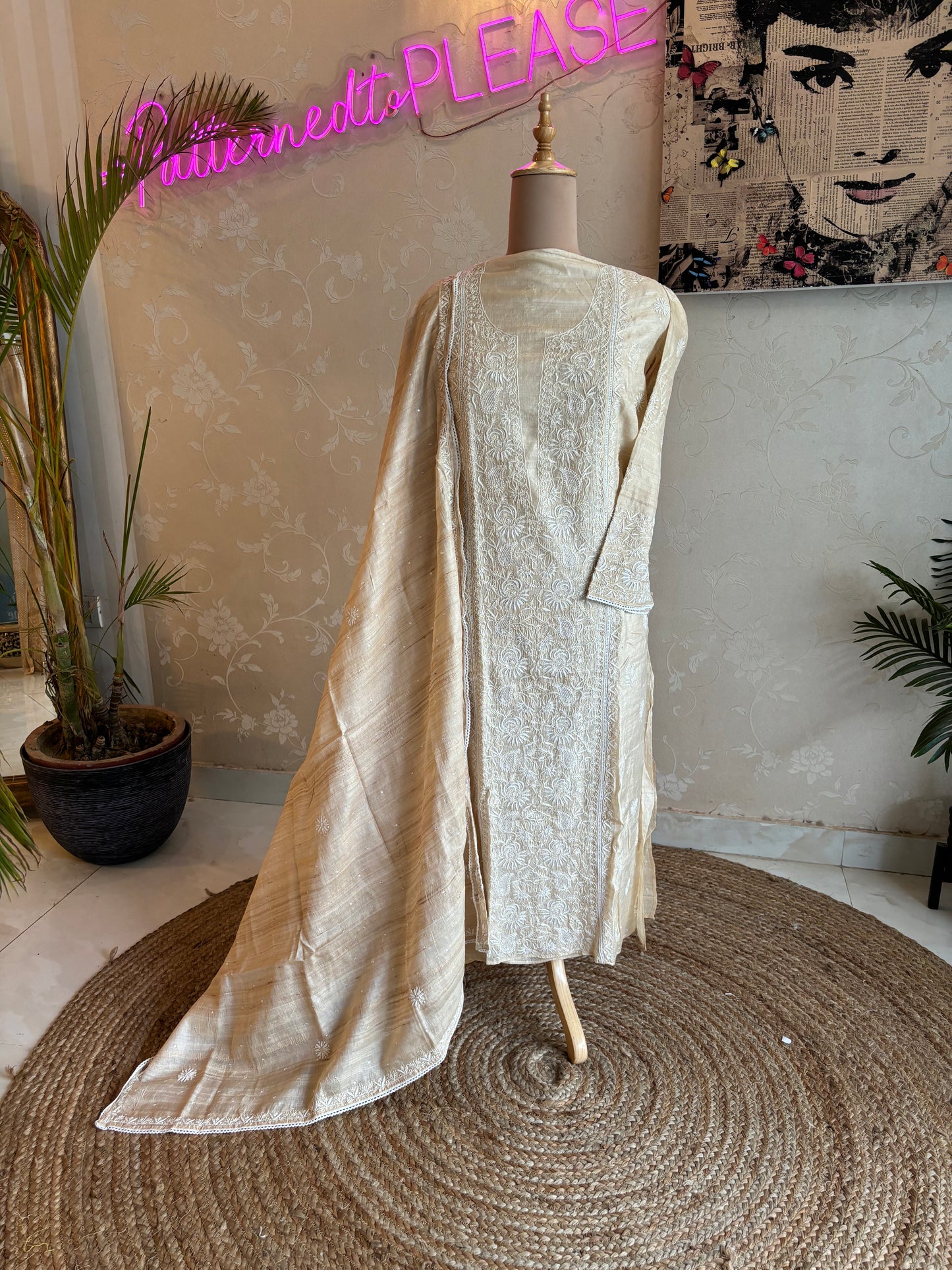 Dyeable Natural Silk Chikankari Kurta and Dupatta