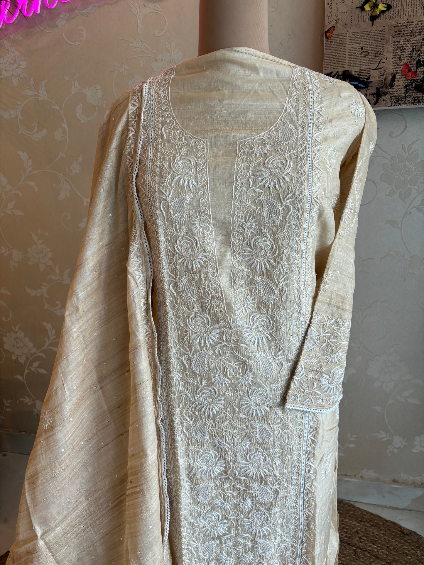 Dyeable Natural Silk Chikankari Kurta and Dupatta