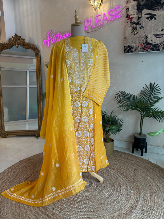 Yellow Ombre Chanderi Mul Chikankari Kurta and Dupatta