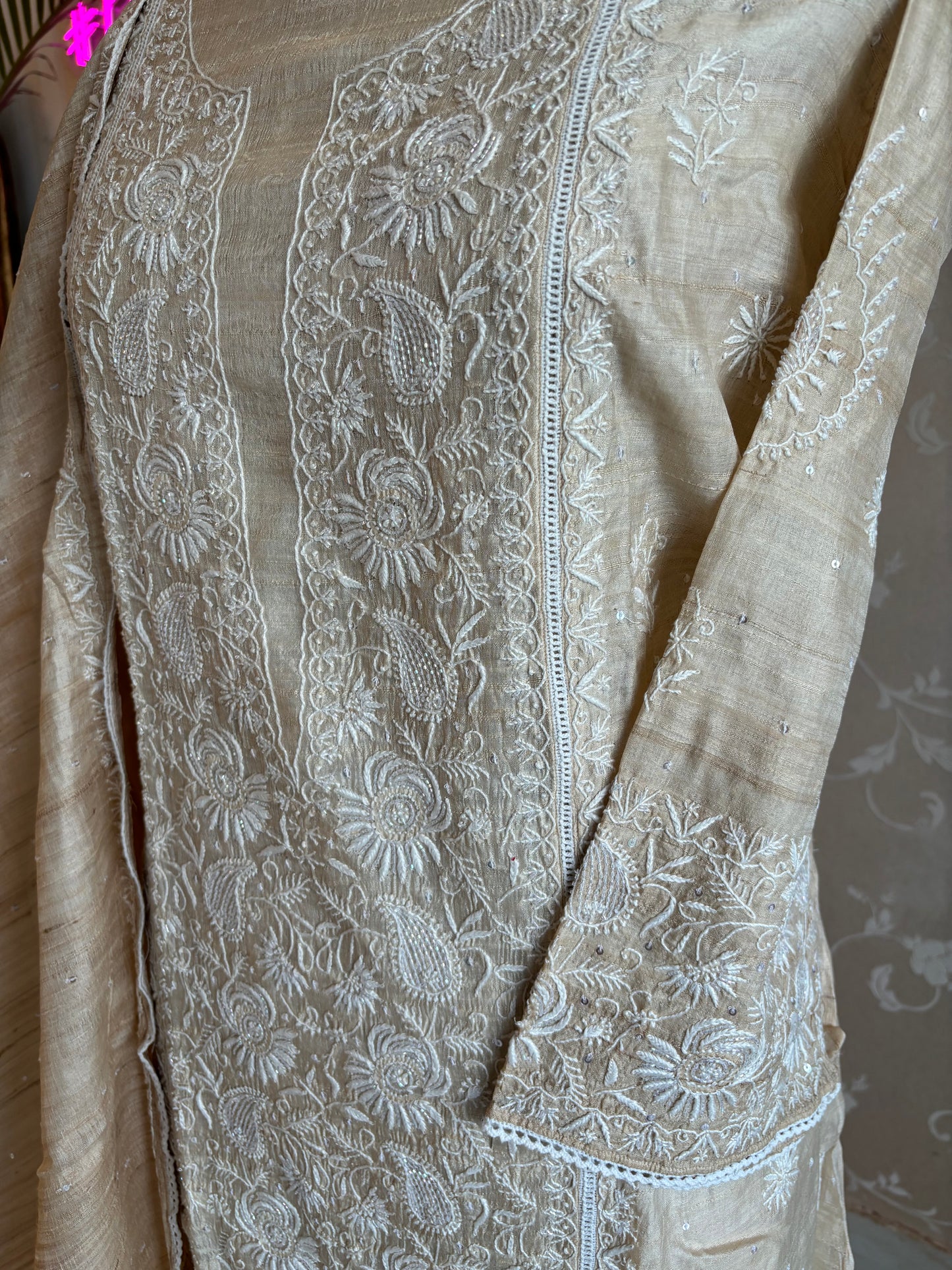 Dyeable Natural Silk Chikankari Kurta and Dupatta