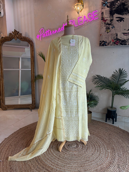 Light Yellow Chanderi Mul Chikankari Kurta and Dupatta