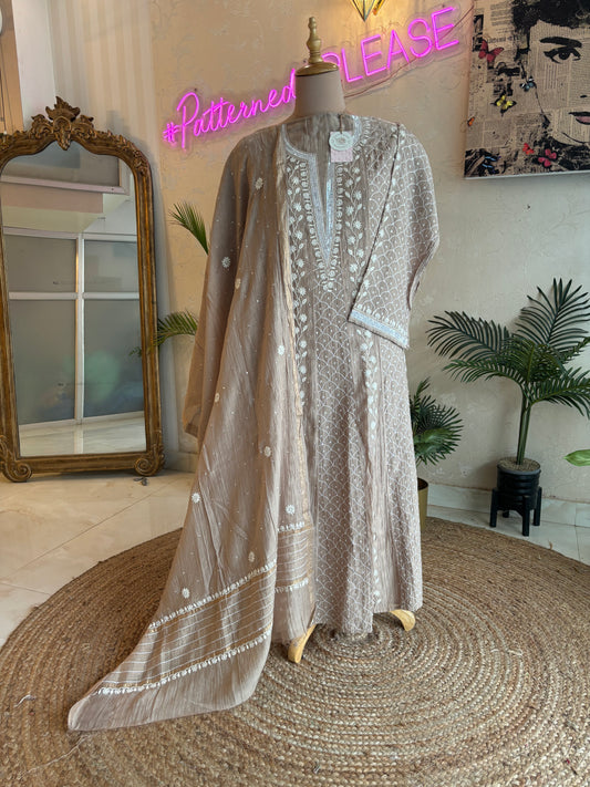 Hazelnut Chanderi Mul Chikankari Anarkali and Dupatta