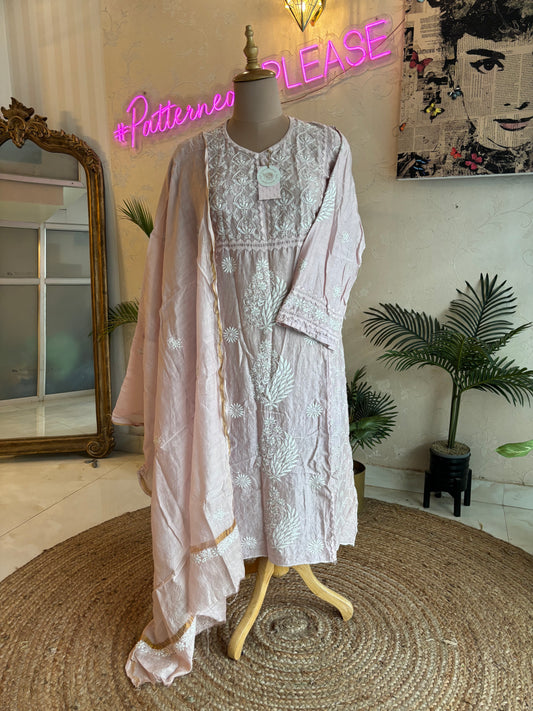 Pale Pink Chanderi Silk Chikankari Kurta and Dupatta