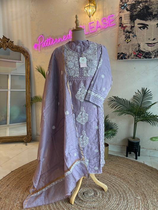 Midnight Purple Chanderi Silk Chikankari Kurta and Dupatta