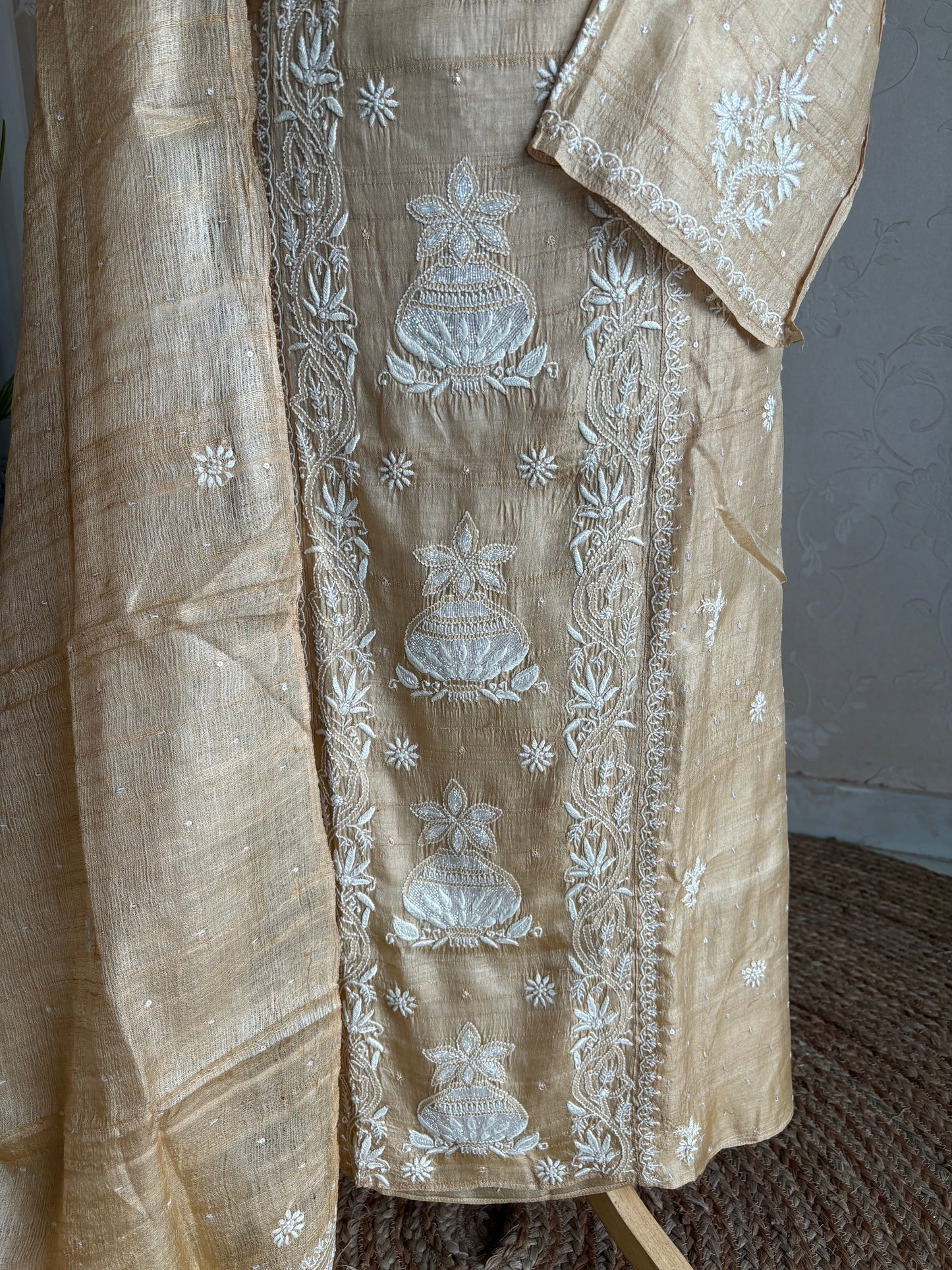 Natural Dyeable Silk Chikankari Kurta and Dupatta