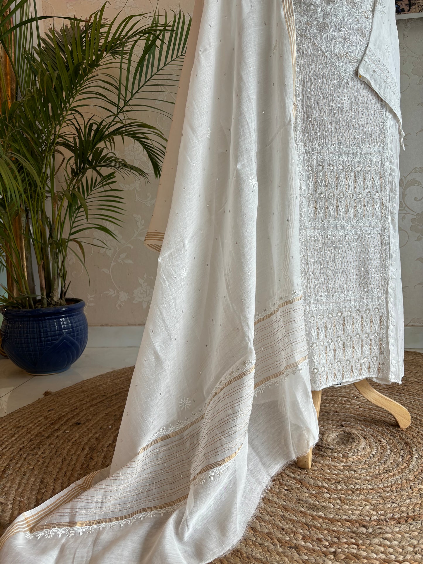 Dyeable Chanderi Mul Chikankari Kurta and Dupatta