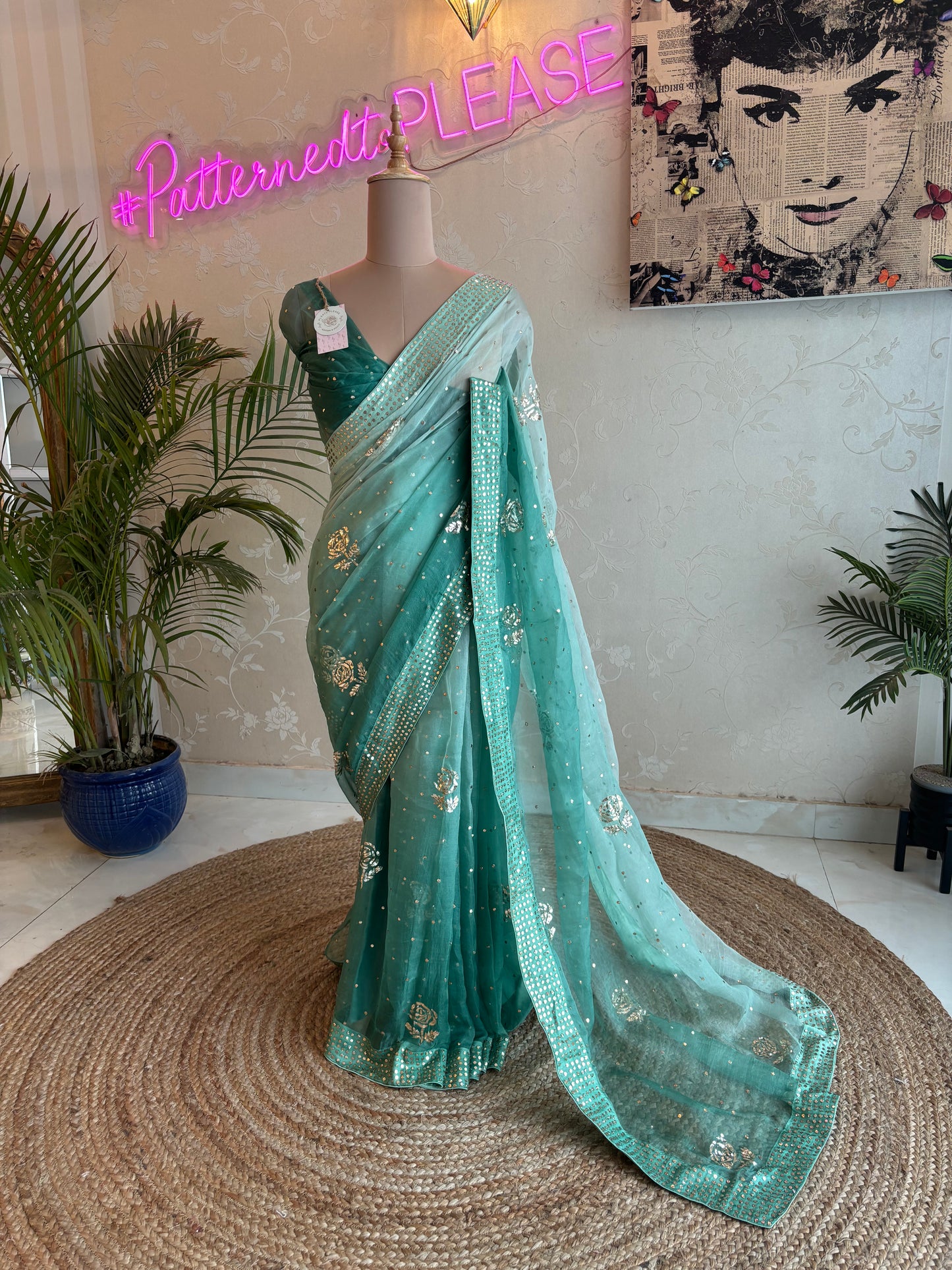 Bottle Green Ombre Organza Badla Saree