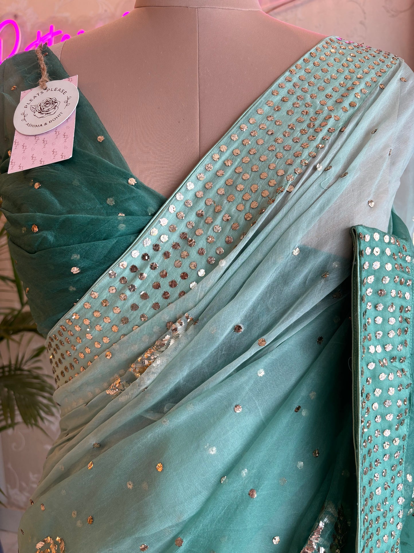 Bottle Green Ombre Organza Badla Saree