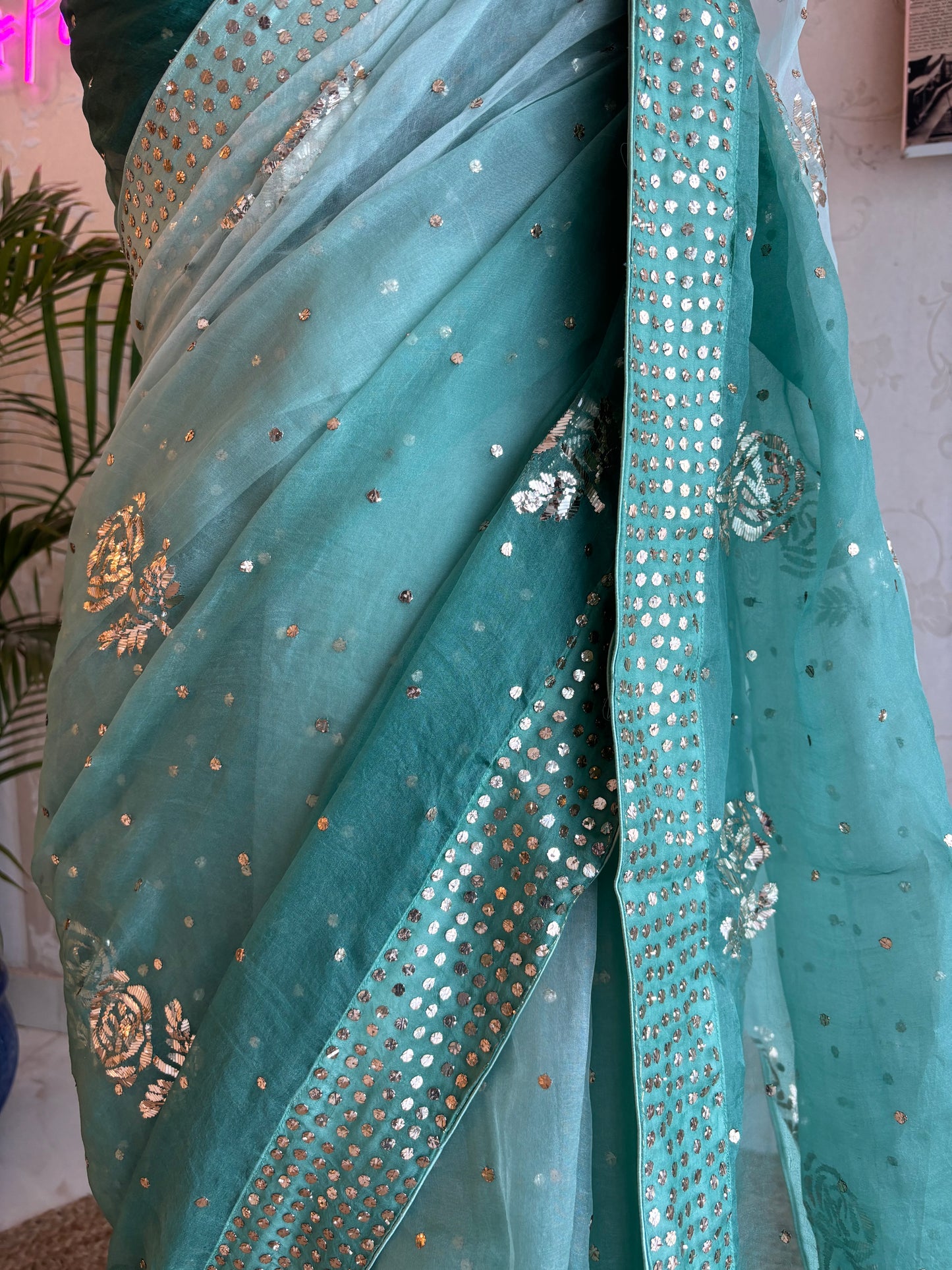 Bottle Green Ombre Organza Badla Saree