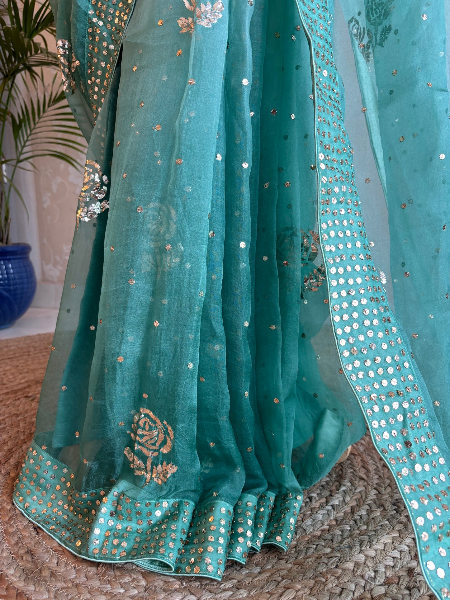 Bottle Green Ombre Organza Badla Saree