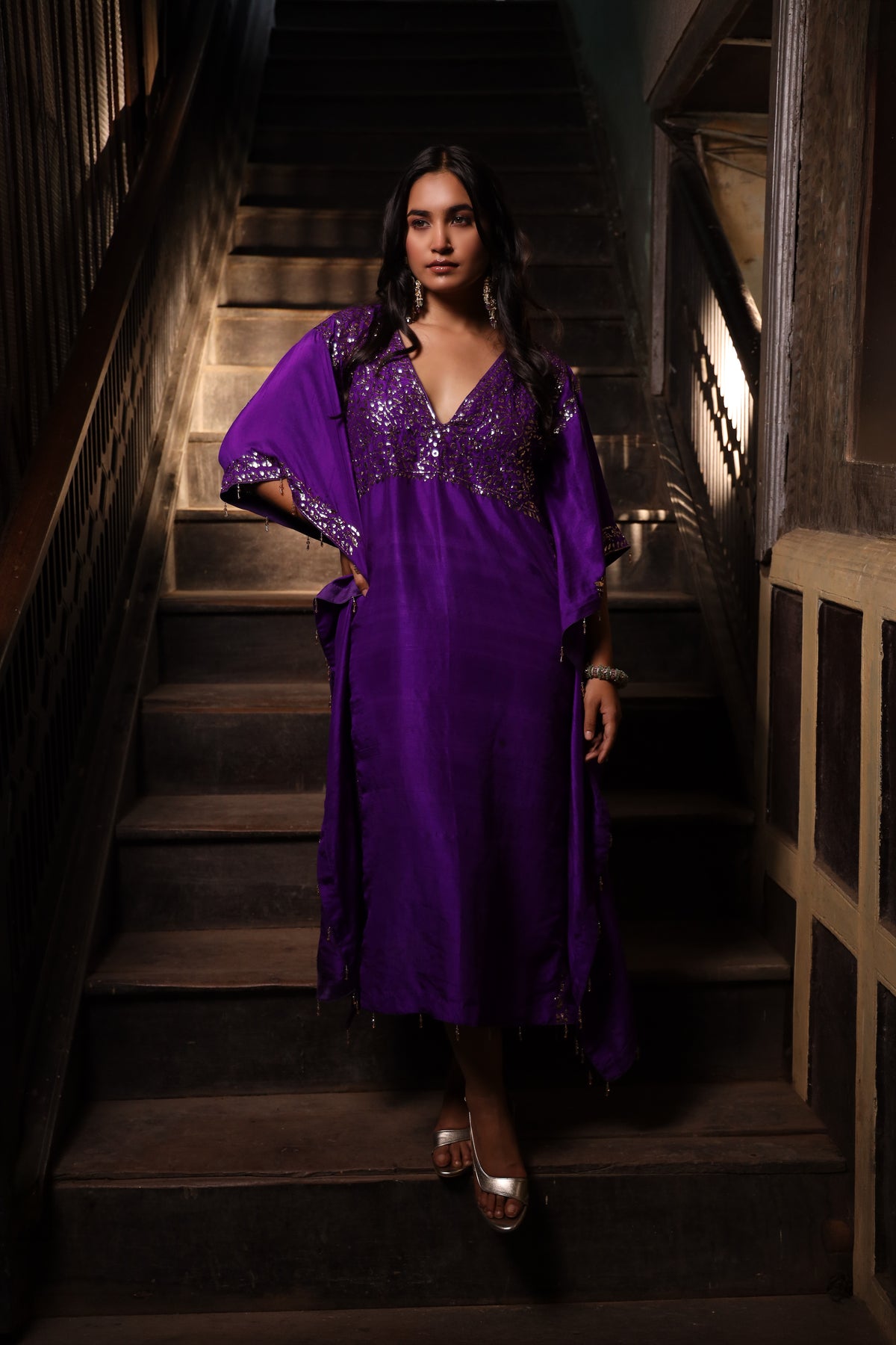 Purple Pure & Premium Silk Mukaish Kaftan Dress