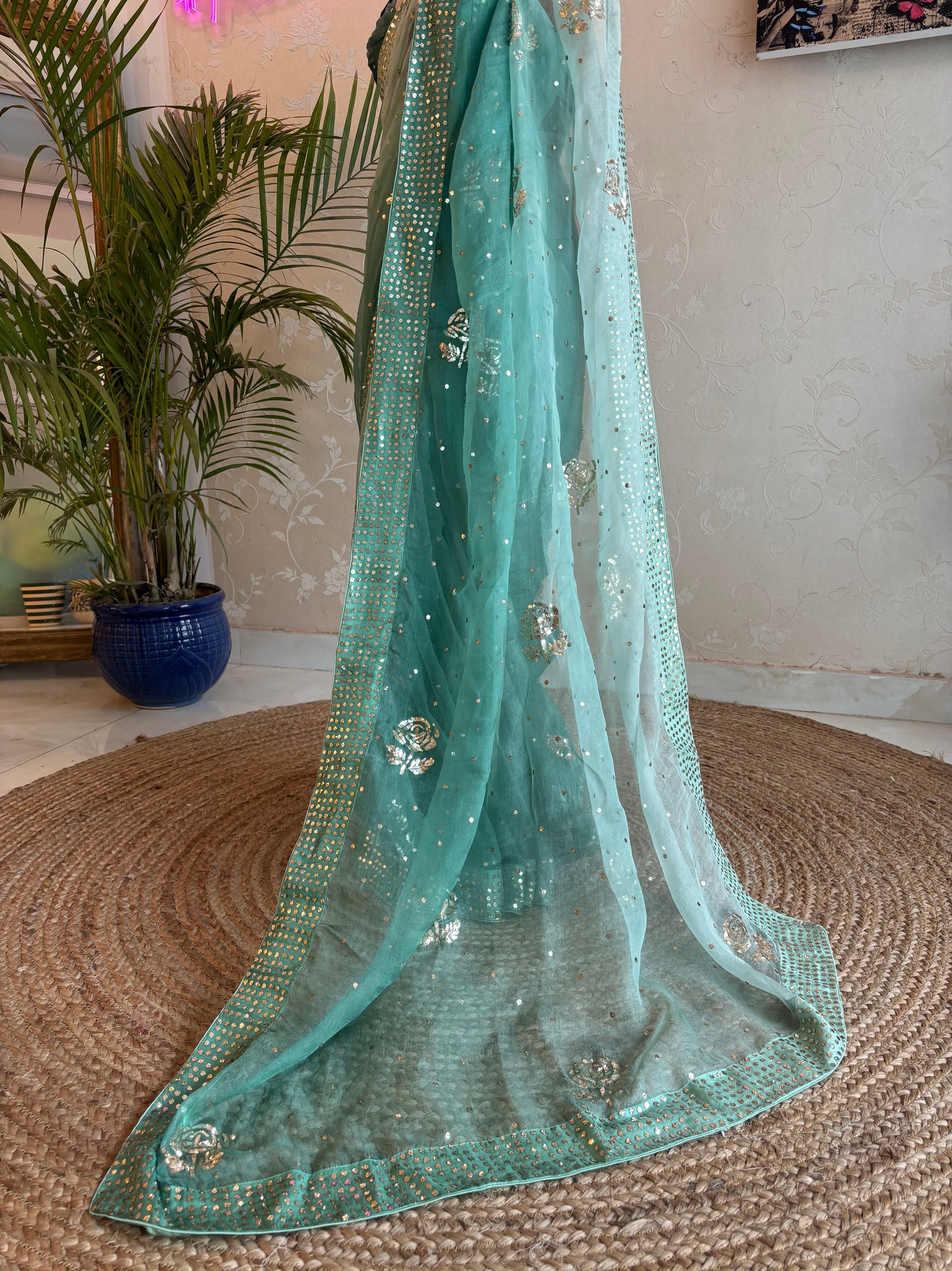 Bottle Green Ombre Organza Badla Saree