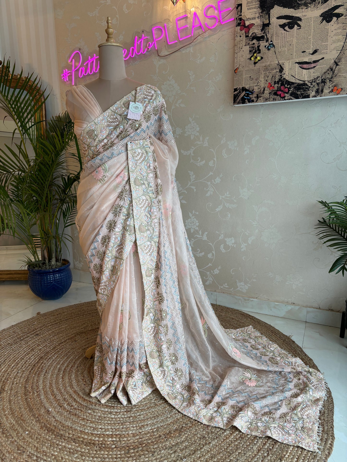 Peach Organza Chikankari Saree