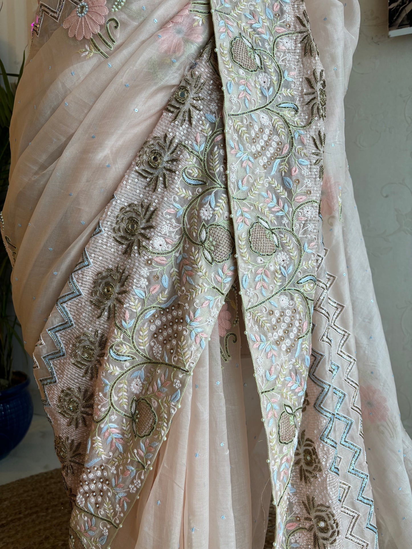 Peach Organza Chikankari Saree