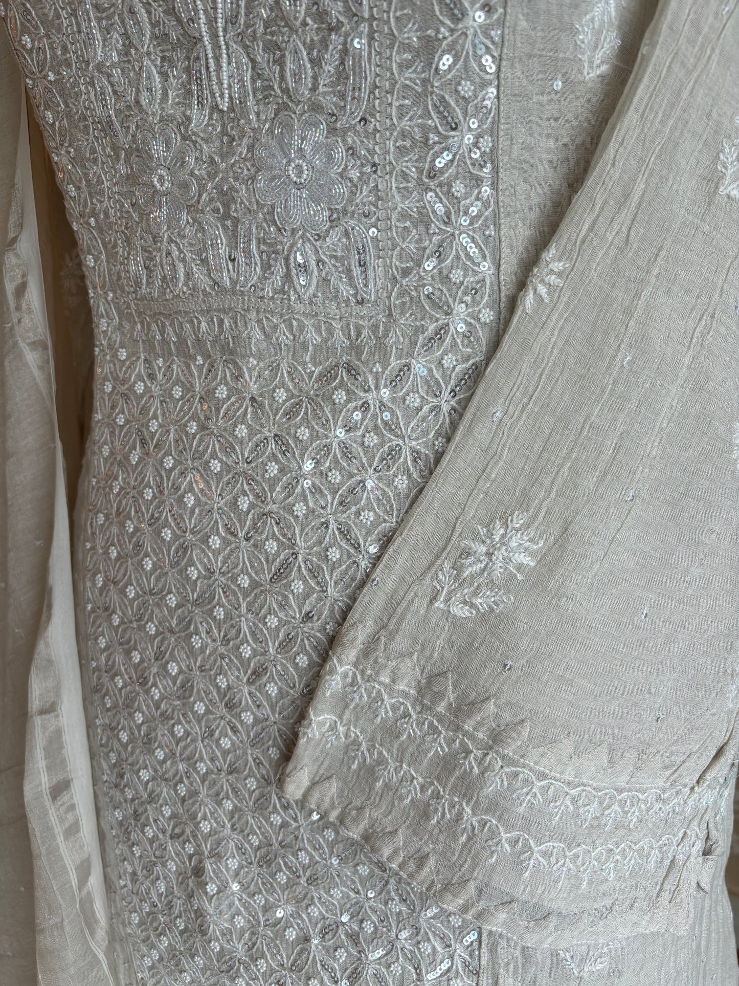 Dyeable Silver Pure Tissue Chikankari Kurta and Dupatta