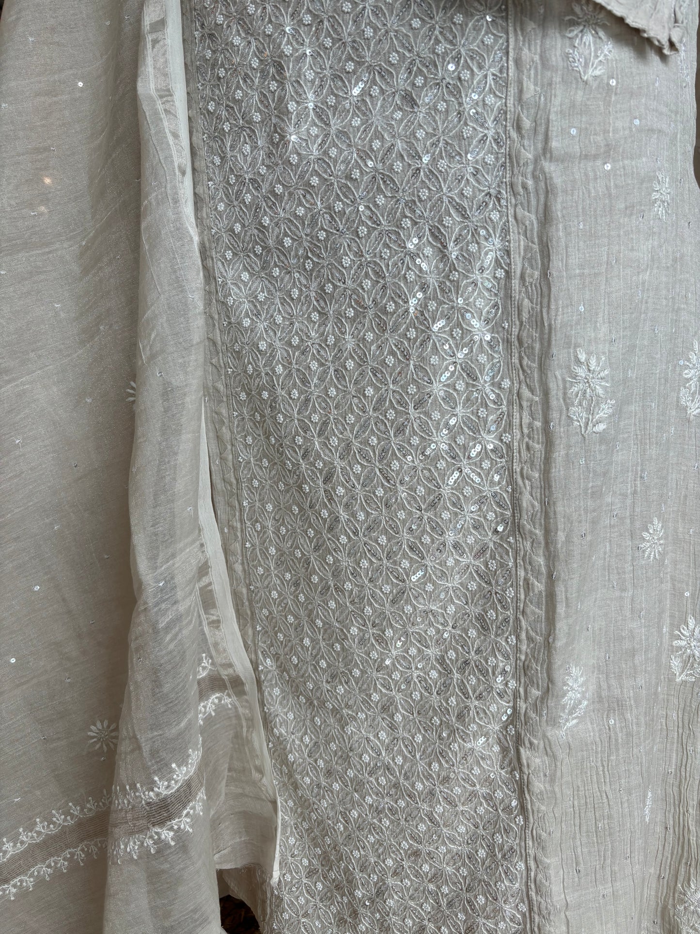 Dyeable Silver Pure Tissue Chikankari Kurta and Dupatta