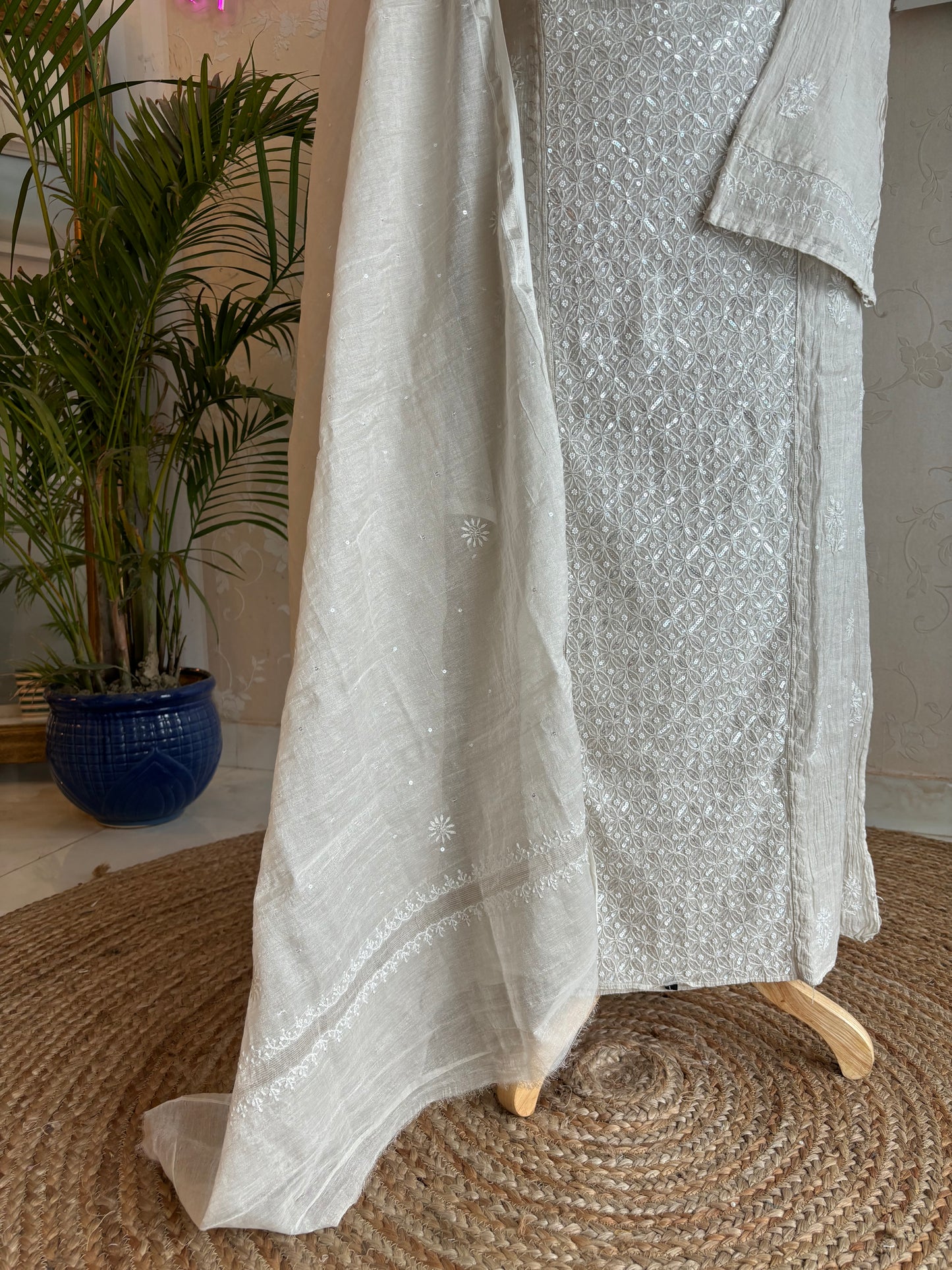 Dyeable Silver Pure Tissue Chikankari Kurta and Dupatta