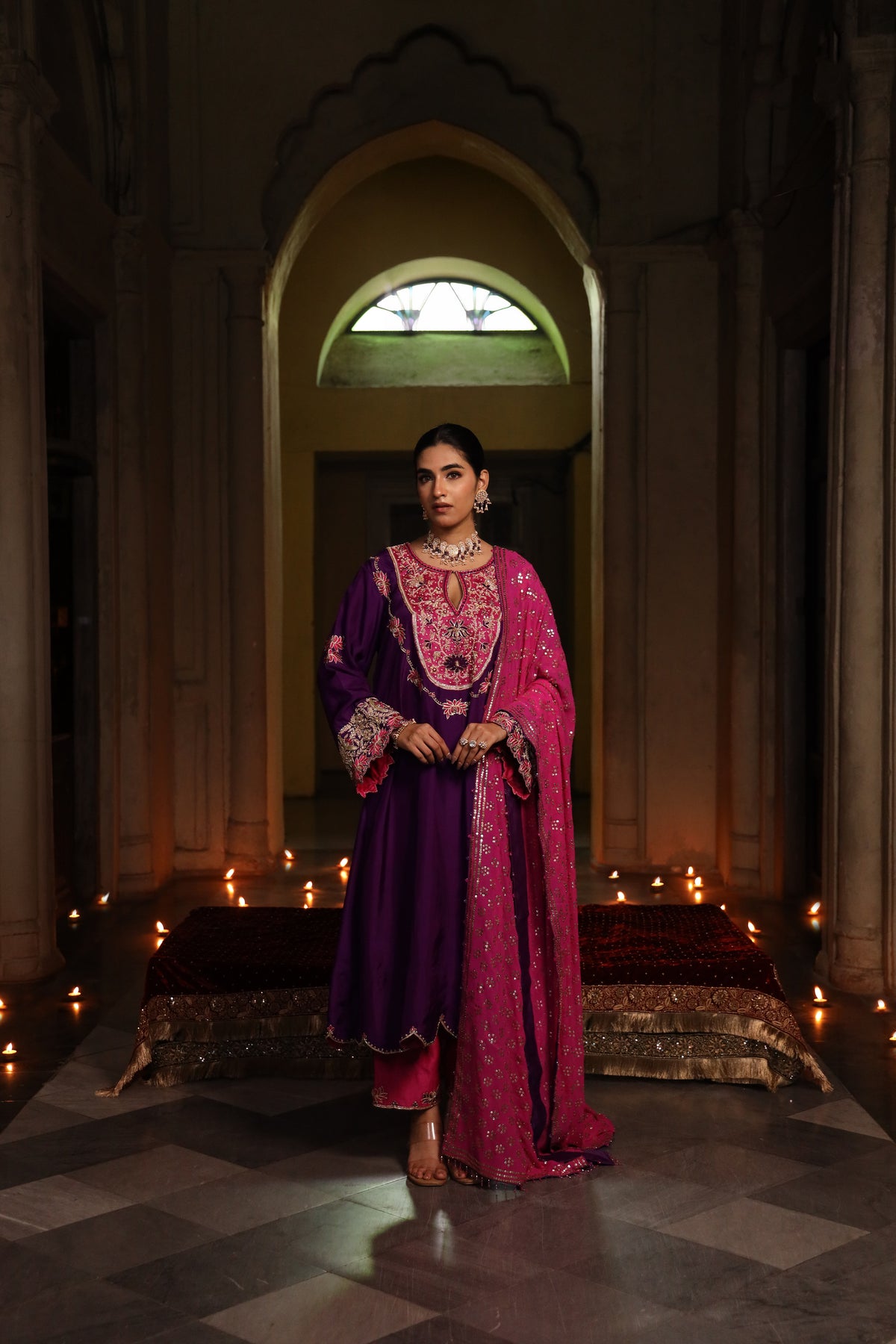 Fuschia Pink Pure Georgette Mukaish Chaddar with Purple Silk Hand Embroidered Kurta Set