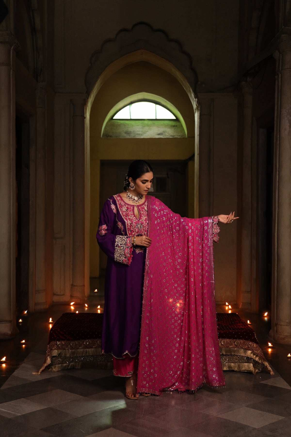 Fuschia Pink Pure Georgette Mukaish Chaddar with Purple Silk Hand Embroidered Kurta Set