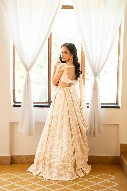 Cream and Gold Pure Georgette Chikankari Lehenga and Blouse