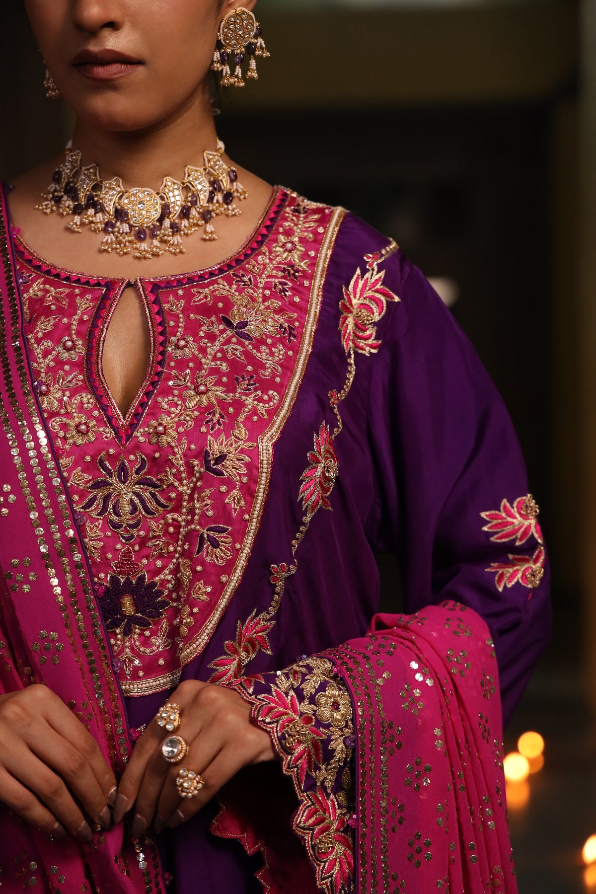 Fuschia Pink Pure Georgette Mukaish Chaddar with Purple Silk Hand Embroidered Kurta Set