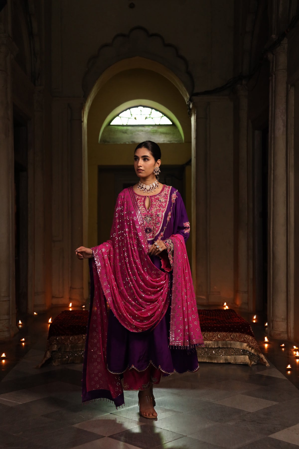 Fuschia Pink Pure Georgette Mukaish Chaddar with Purple Silk Hand Embroidered Kurta Set