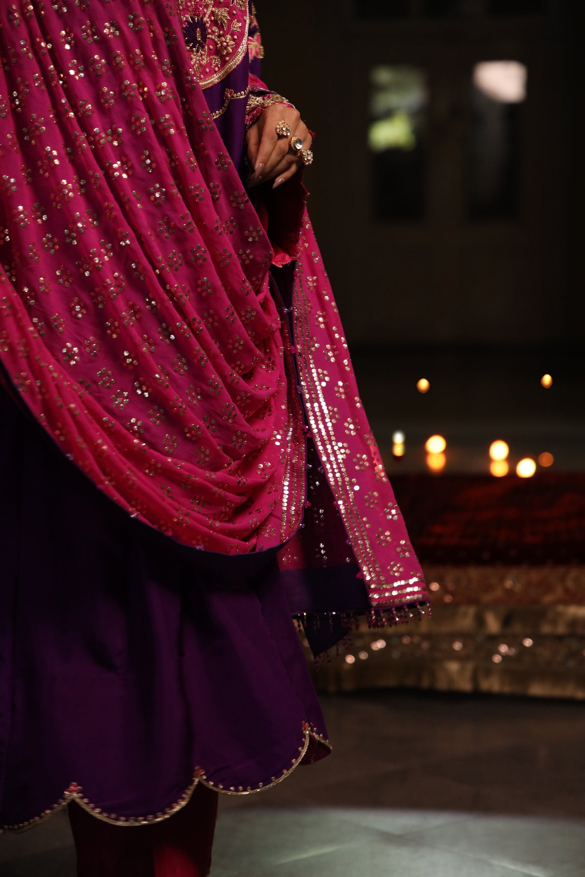 Fuschia Pink Pure Georgette Mukaish Chaddar with Purple Silk Hand Embroidered Kurta Set