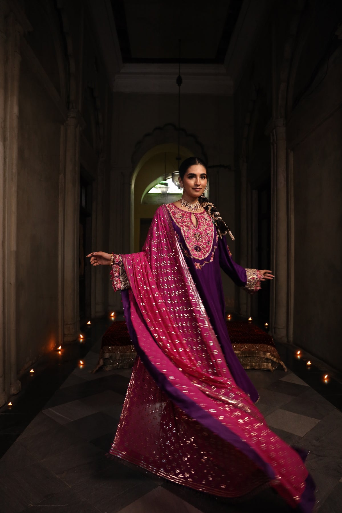 Fuschia Pink Pure Georgette Mukaish Chaddar with Purple Silk Hand Embroidered Kurta Set