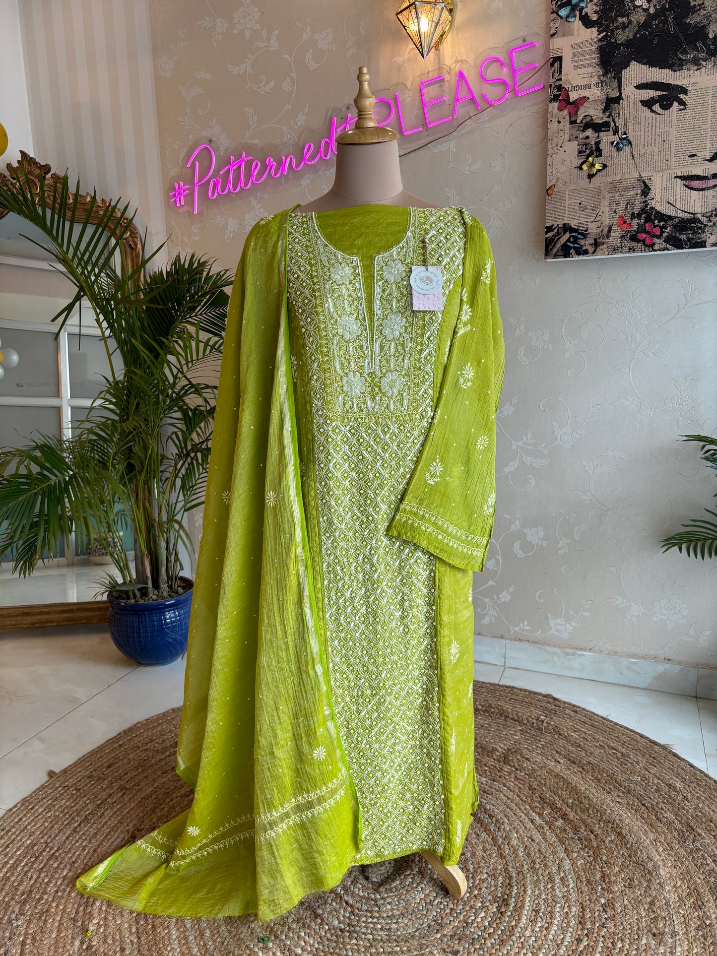 Olive Green Pure Tissue Chikankari Kurta and Dupatta