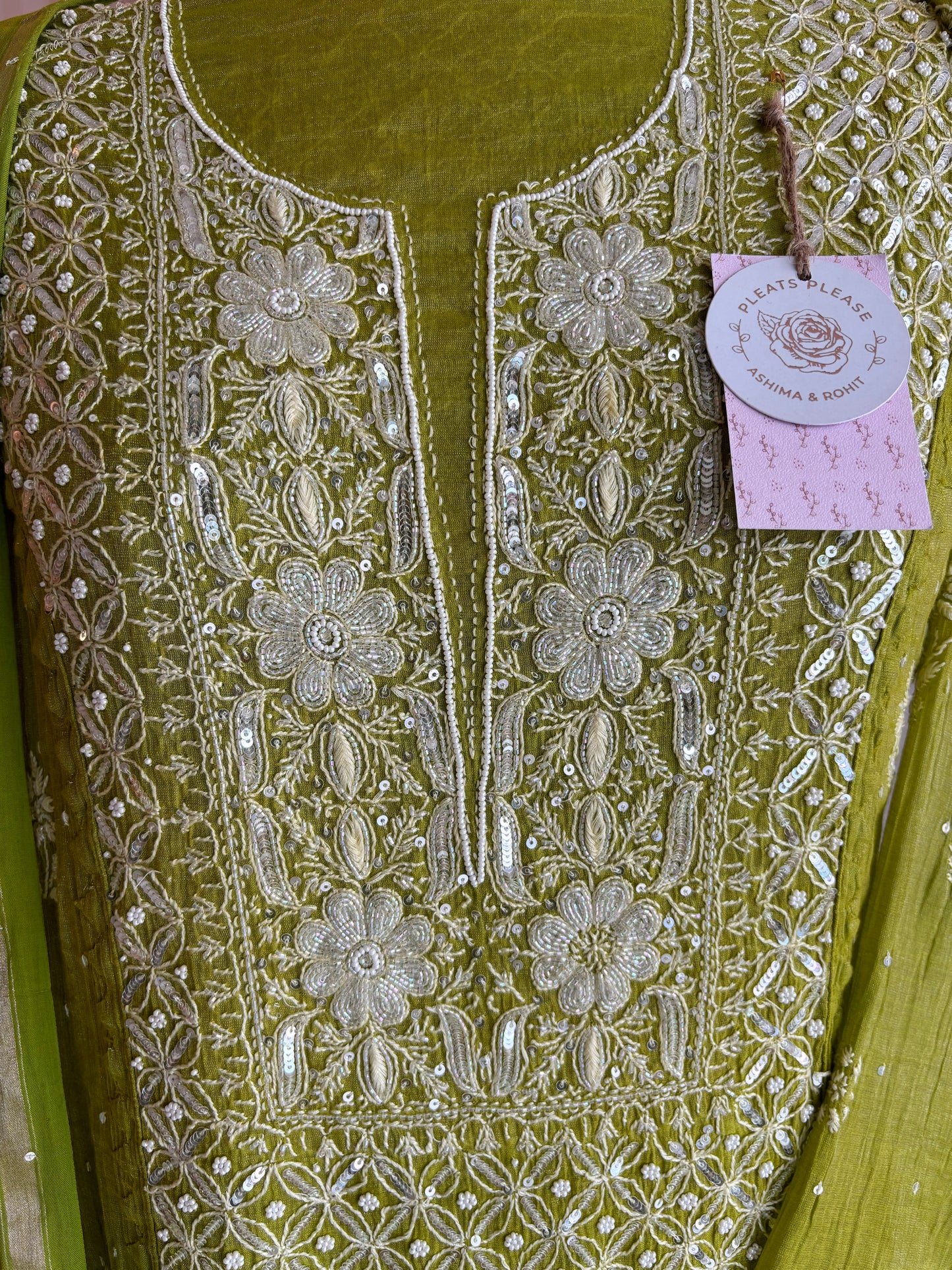 Olive Green Pure Tissue Chikankari Kurta and Dupatta