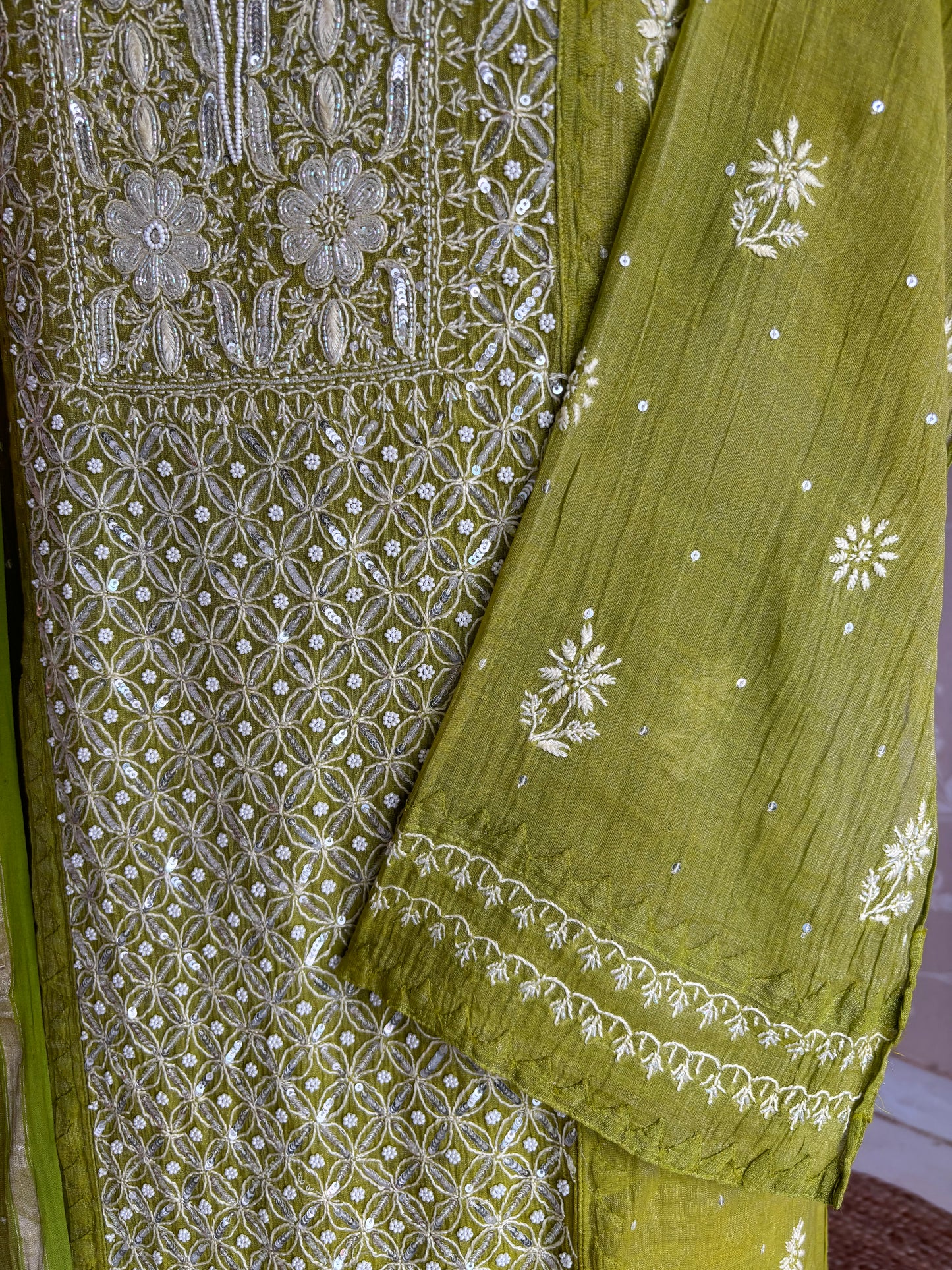 Olive Green Pure Tissue Chikankari Kurta and Dupatta