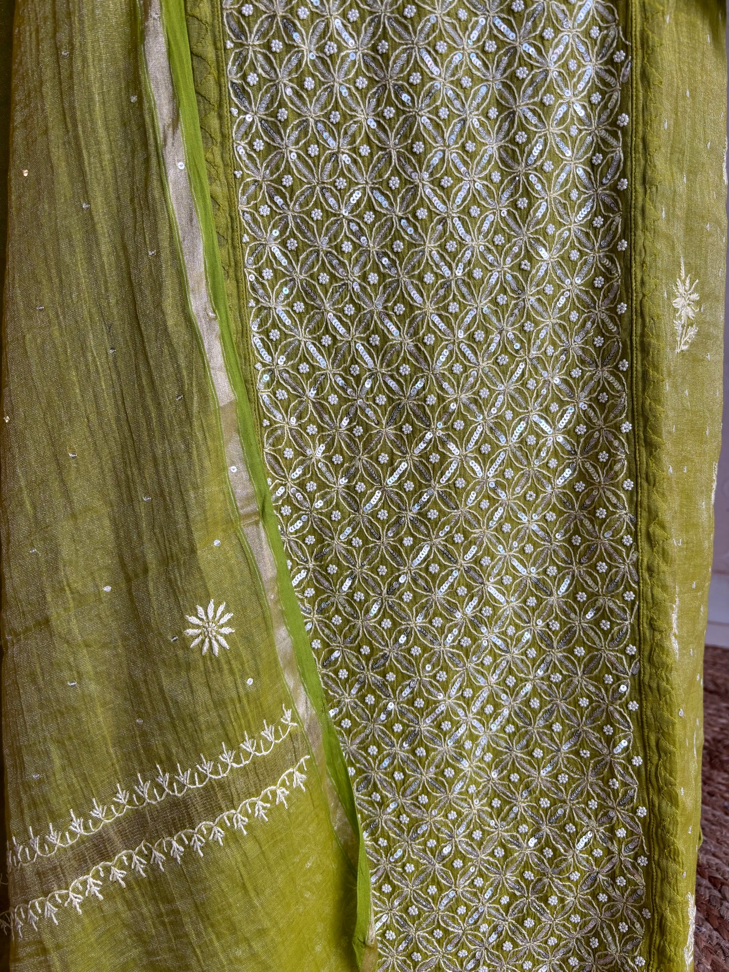 Olive Green Pure Tissue Chikankari Kurta and Dupatta