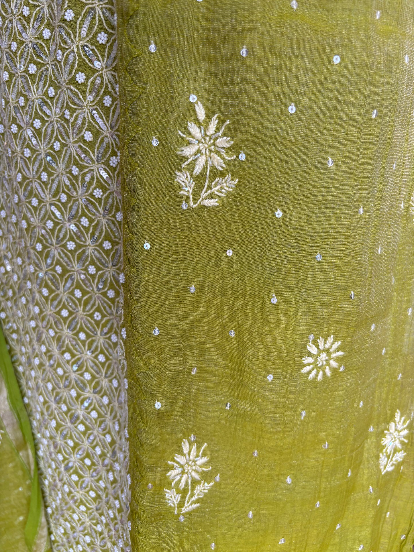 Olive Green Pure Tissue Chikankari Kurta and Dupatta